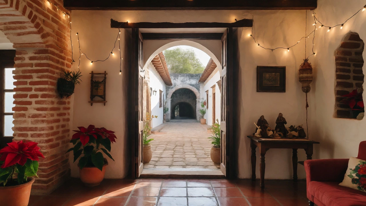 Cozy Mexican colonial home interior with Christmas decor and courtyard view.