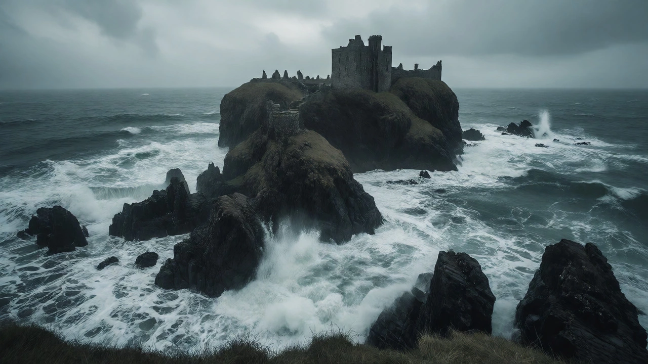 Dunnottar Castle ruins on a cliff overlooking the stormy North Sea