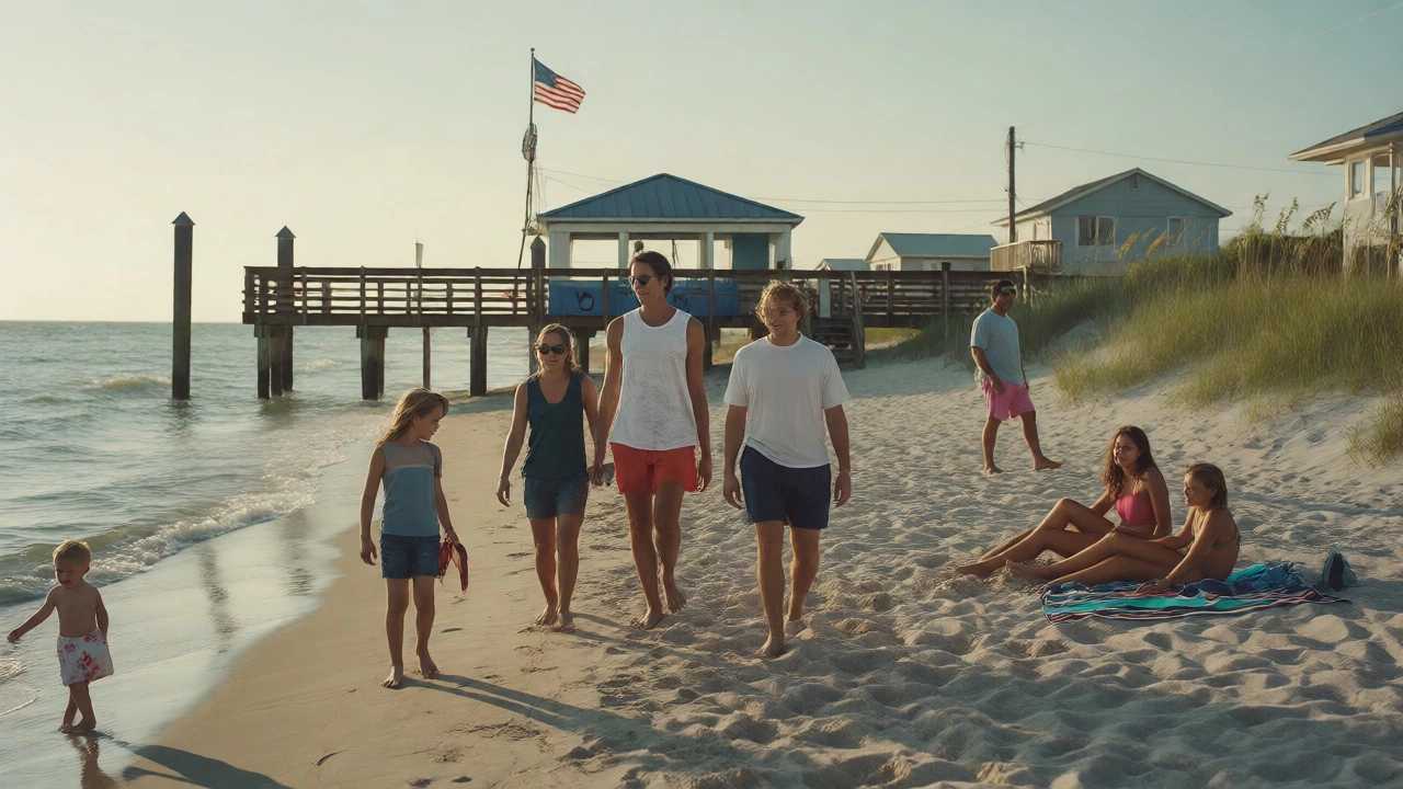 Family enjoying a relaxed day at Surfside Beach near the small fishing pier
