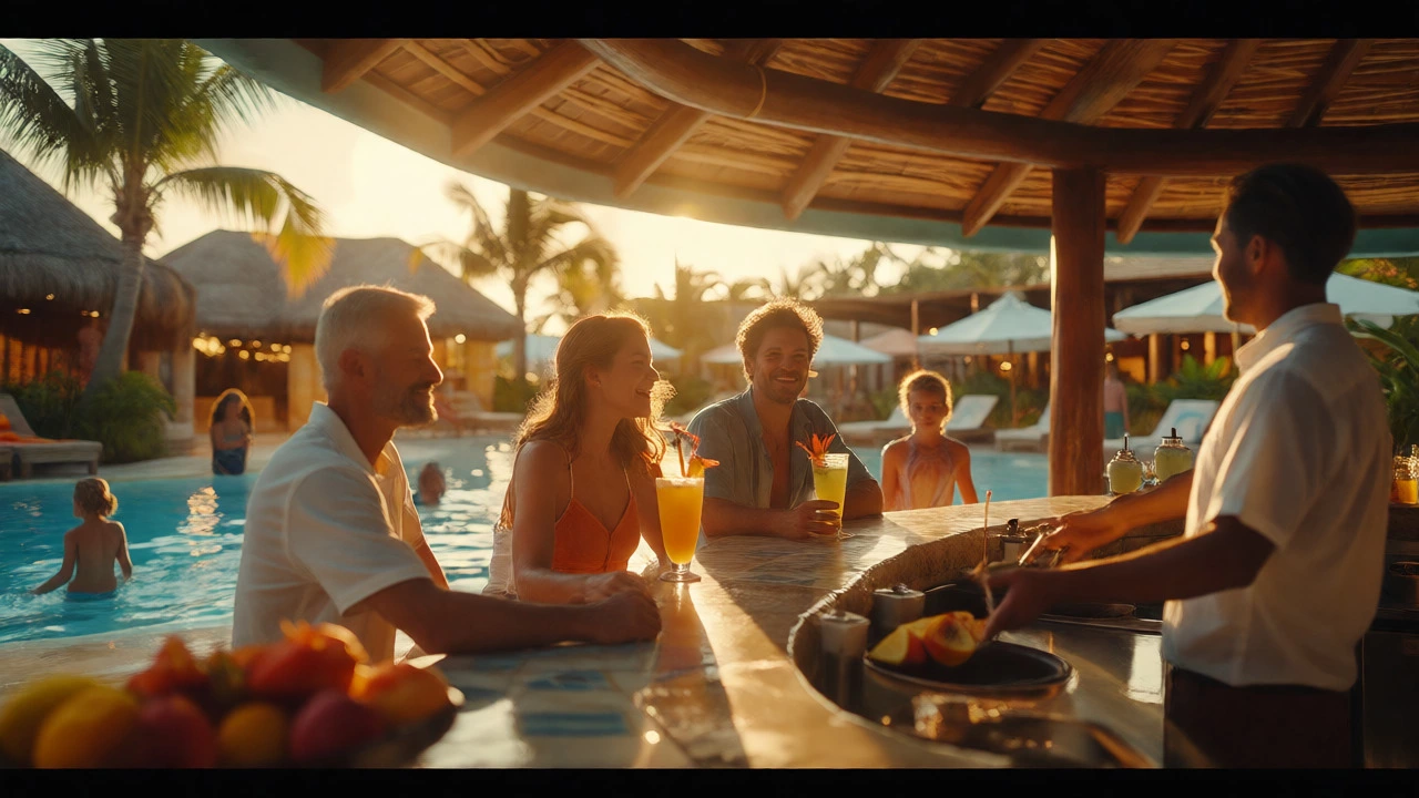 Family enjoying free drinks and pool activities at a sunny resort bar during sunset.