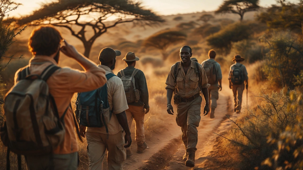 Group of hikers and a local guide trekking through an African savanna at sunset