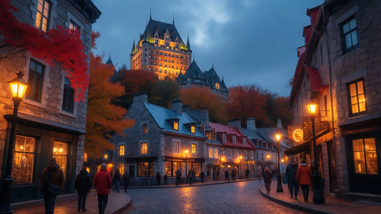 Illuminated Château Frontenac in Quebec City surrounded by colorful autumn foliage at dusk.