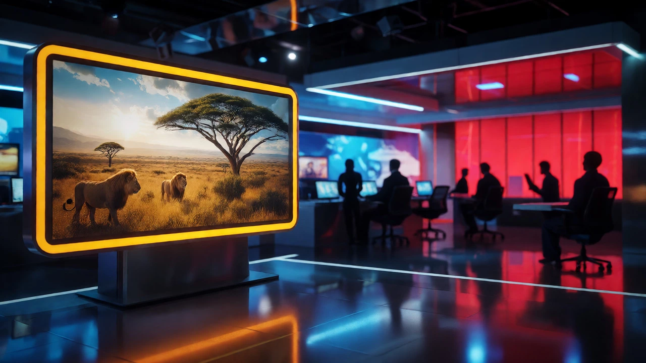 Media studio screen showing safari footage with yellow border frame