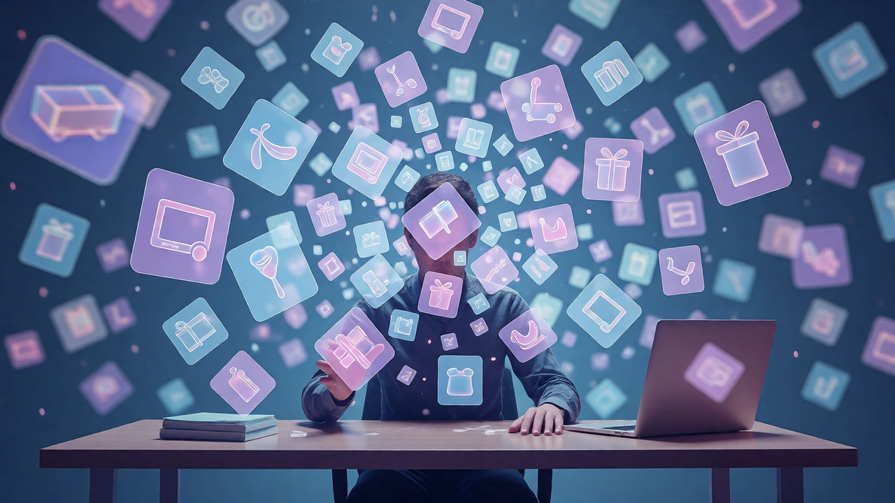 Person surrounded by swirling gift icons illustrating decision fatigue and choice paralysis.