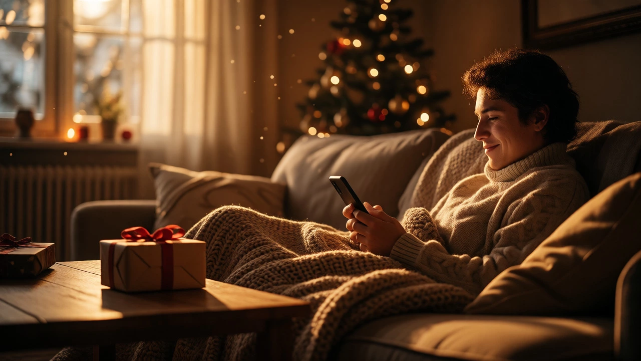 Relaxed person holding a phone next to a wrapped gift in a cozy living room.