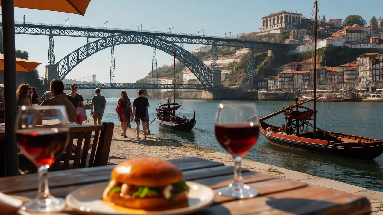 Riverside view of Porto with francesinha sandwich and port wine overlooking the Douro River.