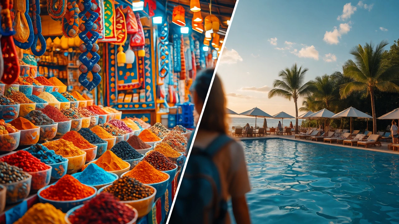 Split view comparing vibrant markets and quiet resort pools for budget travel
