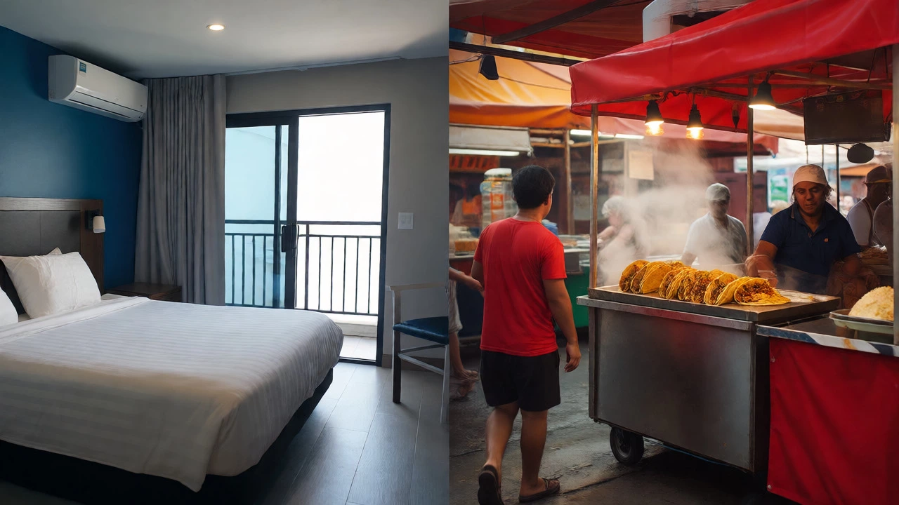 Split view of a quiet hotel room versus a lively local street food market.