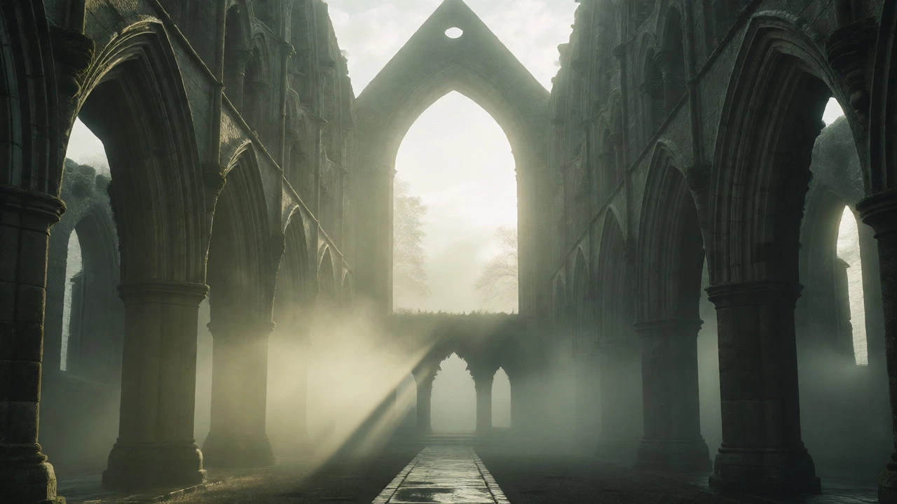 Tintern Abbey ruins shrouded in morning mist within the Forest of Dean