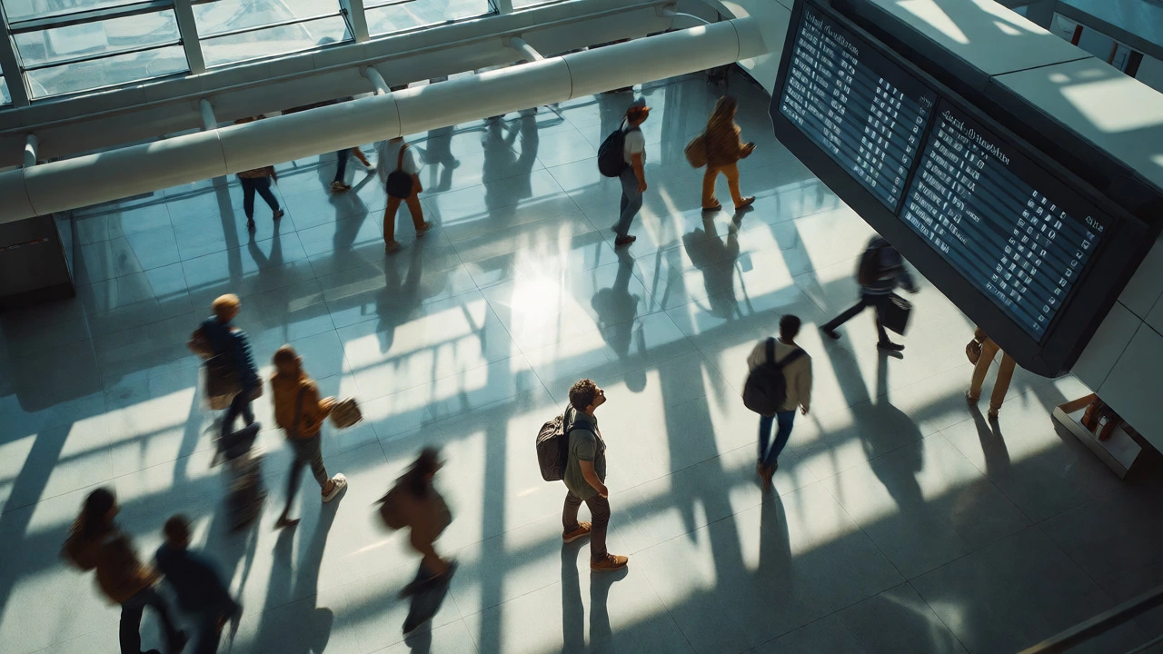 Traveler calmly waiting at a busy airport terminal under bright skylights