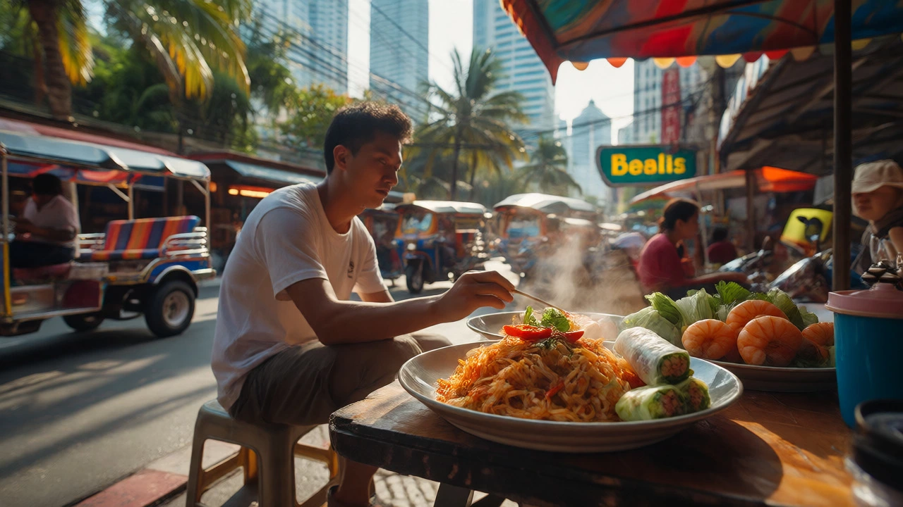 Traveler eating street food at a sunny Bangkok stall amidst tropical scenery.