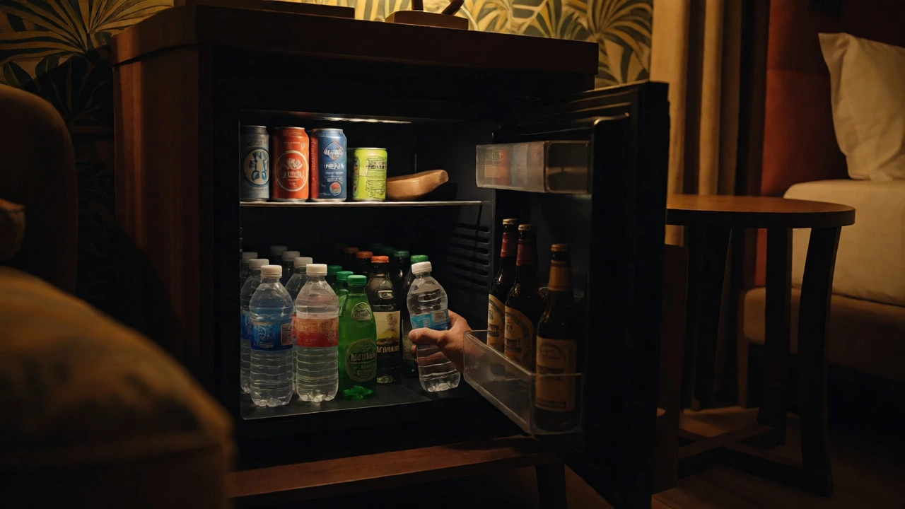 Traveler grabbing water from a stocked hotel minibar