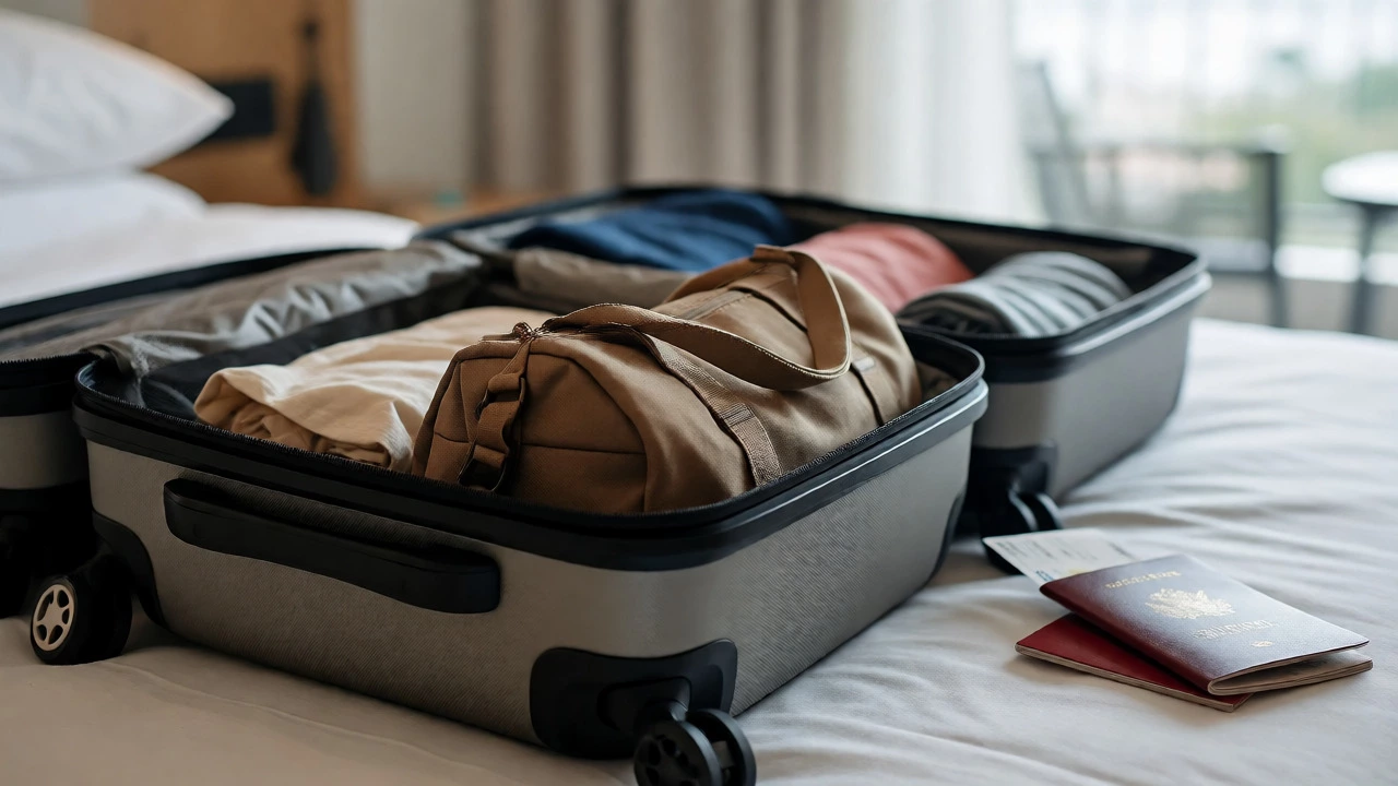 Traveler packing a carry-on suitcase with a foldable duffel bag for souvenirs