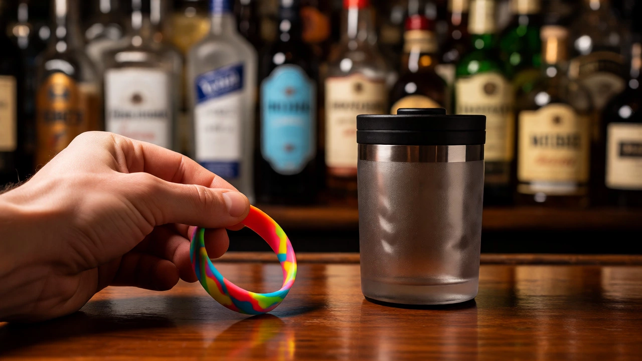 Wristband and RFID cup near premium liquor bottles